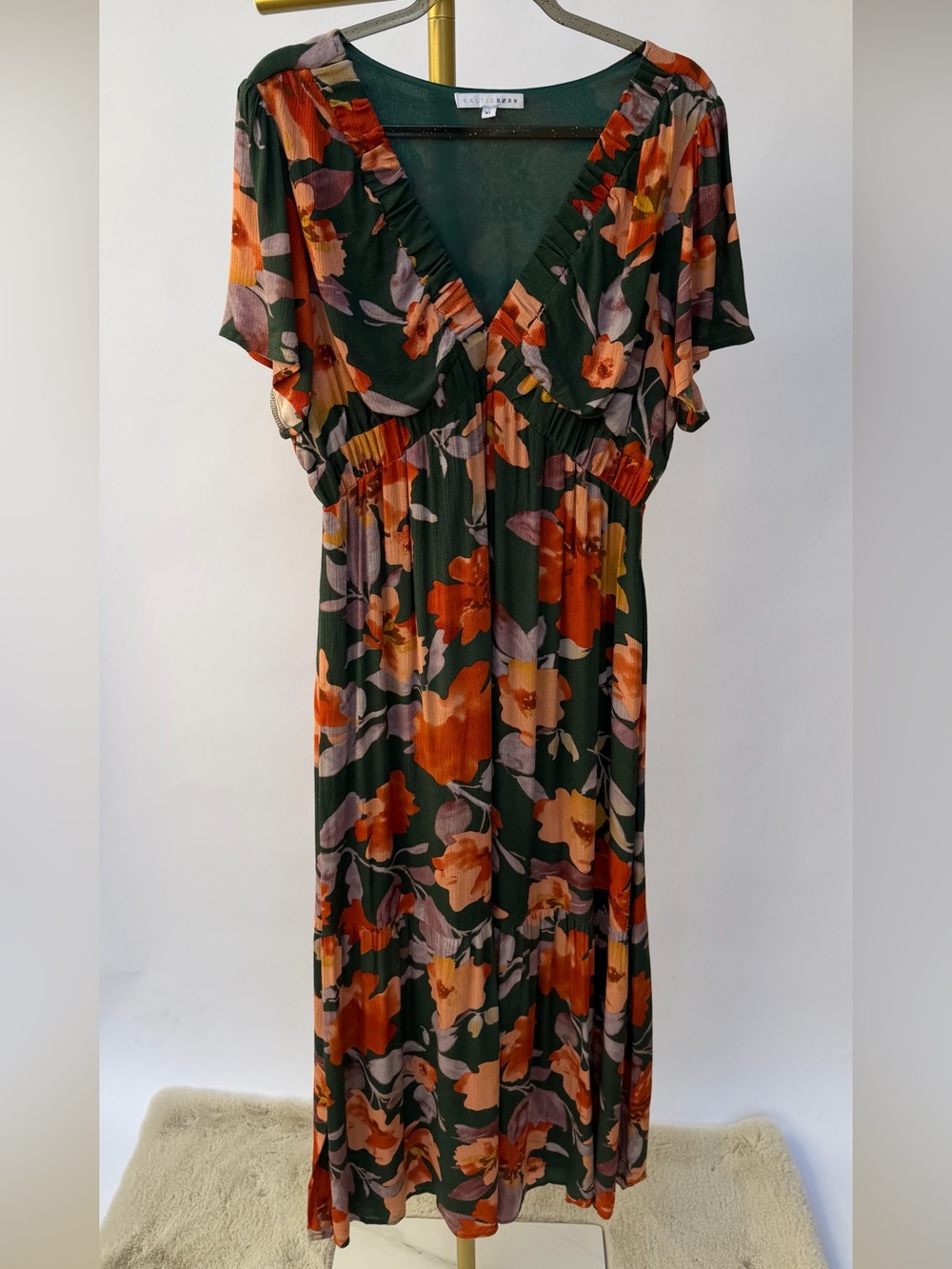 Baltic Born Dark Green Floral Short Sleeve Tiered Maxi Dress XL